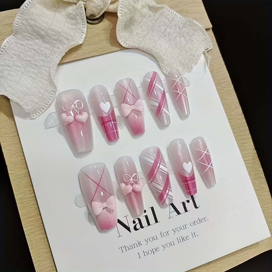 TEMU Cute 10pcs Pink Ballet Sweet Temperament Middle Ladder Pure Handmade Wear Nails Cute Gentle Fresh Bow Love White Fashion Fake Nails Neighbor Sister Daily, Commuting, Student Must-have Nail Art