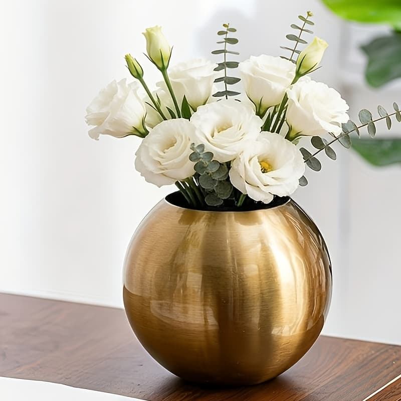 TEMU Elegant Golden Glitter Round Vase - Home Decor For Living Room, Bedroom, Office, Durable Metal Succulent, Cactus, And Artificial Flower Accent Piece