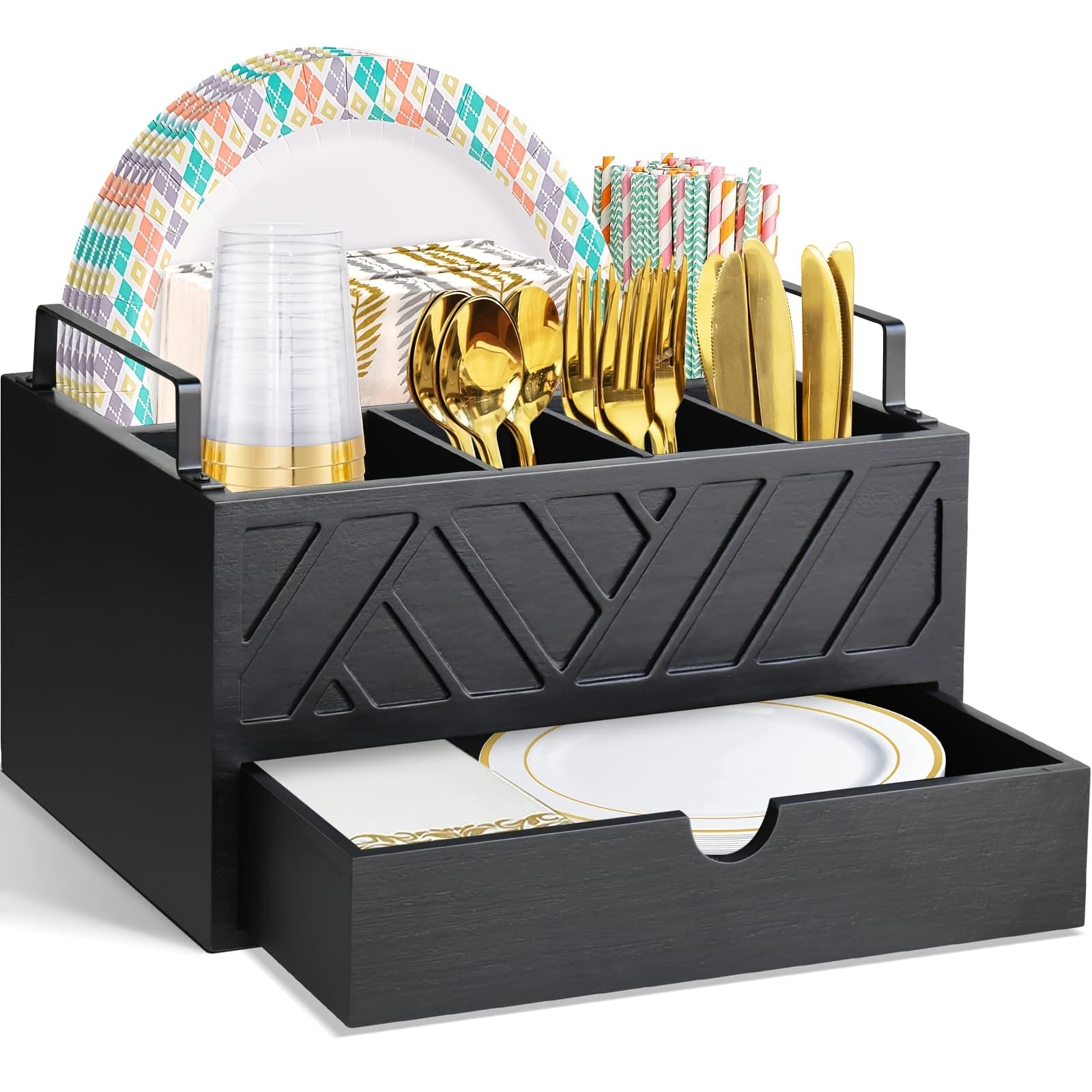 TEMU A Dispenser For Paper Plates Featuring A Drawer, A Rustic Wooden Holder For Kitchen Utensils, And An Organizer For Cutlery, Spoons, Forks, Plates, And Napkins, Designed As Black Kitchen Decor