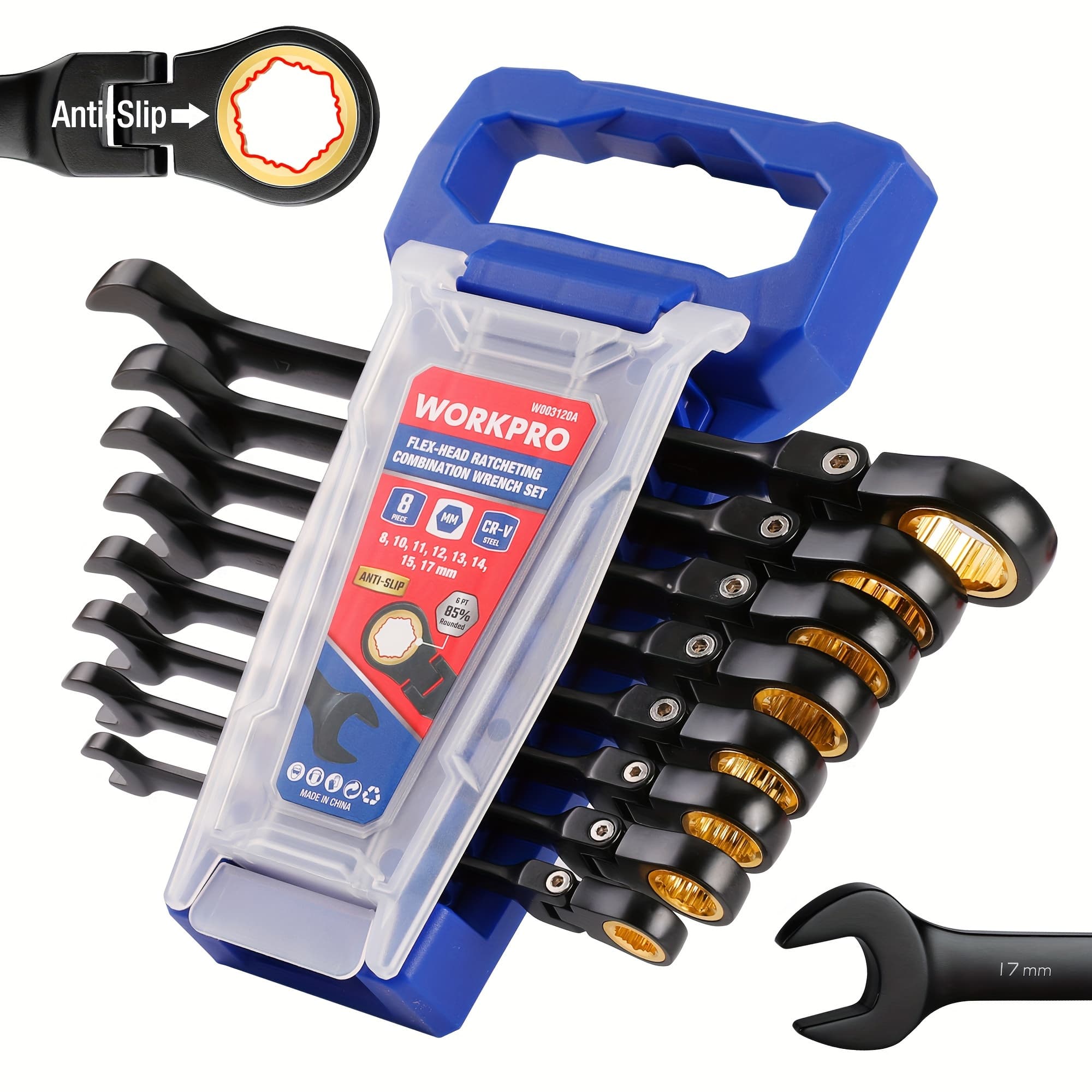 TEMU Workpro 8pcs Ratcheting Wrench Set, Anti-slip Set Metric 8-17 Mm, 72-teeth, Constructed, Black Electrophoretic Coating With Rack Organizer