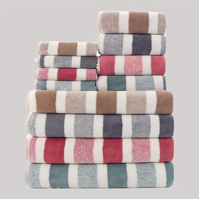 TEMU A Set Of 12 Soft And Thick Striped Towels, Quick Drying And Absorbent Ultra- Bath Towels, 4 Towels, 4 Towels, And 4 Hand Towels Are Home Bathrooms And Face Towels