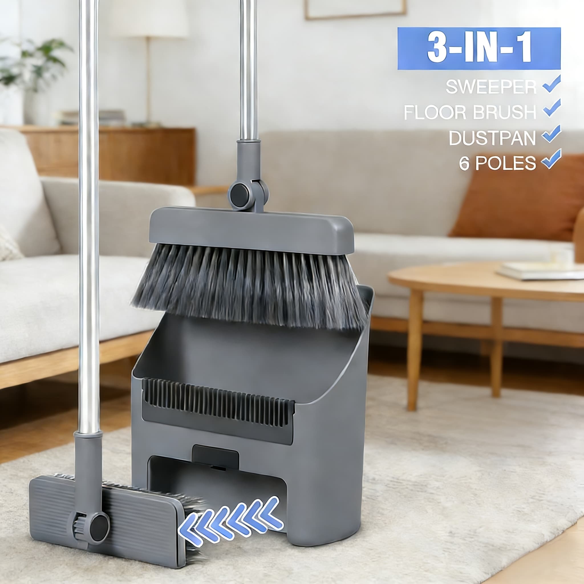 TEMU Multifunctional Upgraded 3-in-1 And Foldable Space-saving Broom Set - Optional Broom, Dustpan, Squeegee And Floor Brush, Perfect For Home, Office, Garden, Restaurant And Living Room