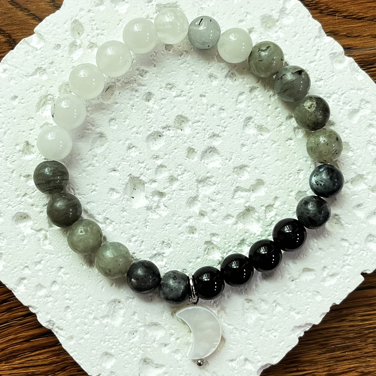TEMU Natural Stone Bracelet 8mm Labradorite Black Hair Round Handmade Beads - Ladies Fashion Bohemian Moon Pendant Bracelet Gorgeous Holiday Gift