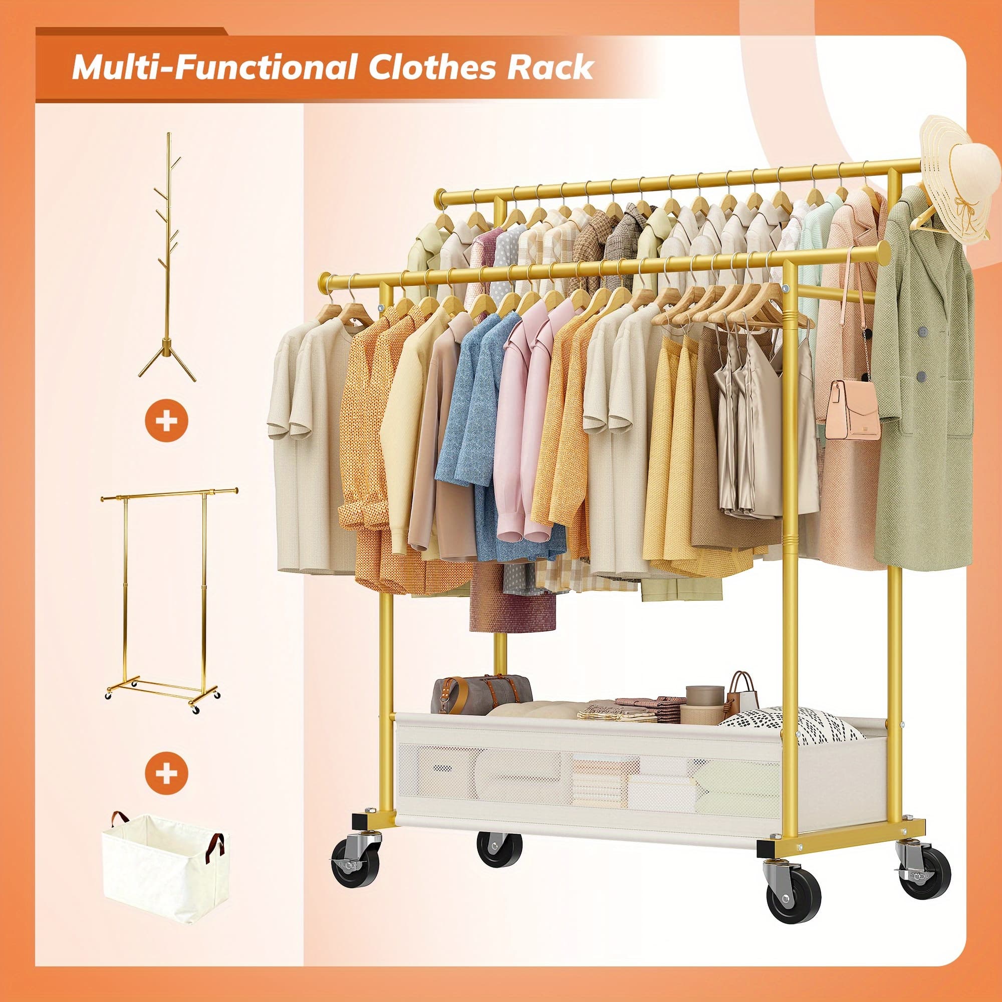 TEMU Clothes Rack, Double Rod Clothing Rack With Storage Bag & Sturdy Wheels, Metal Garment Rack For Closet Organizers And Storage, 43.3" W×17.7" D×63" H