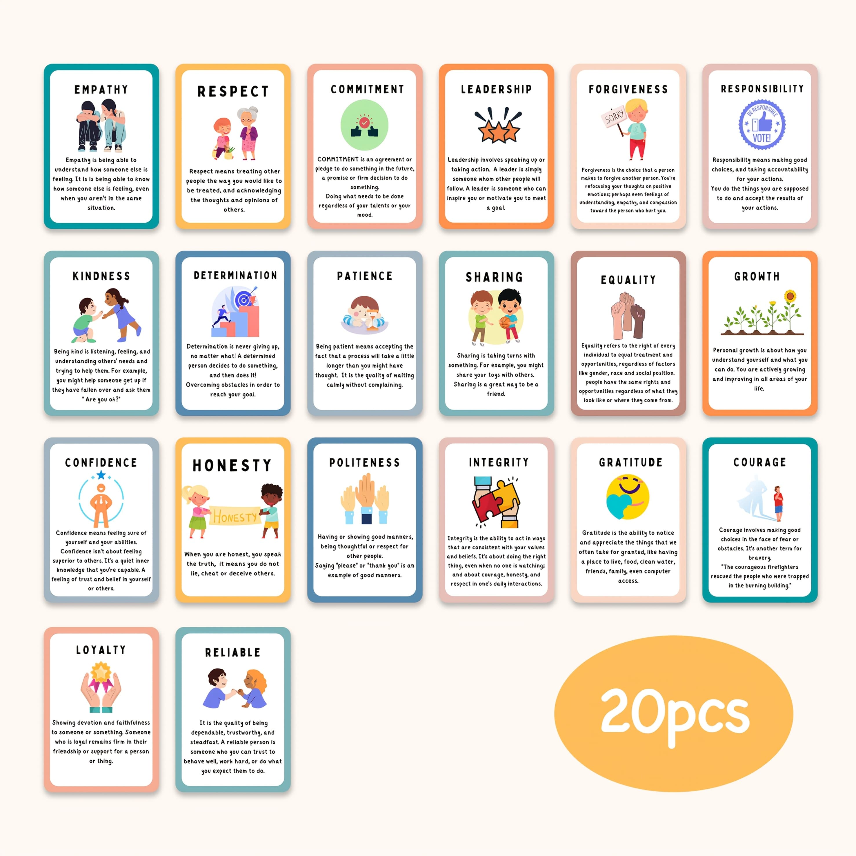 TEMU 20 Values Flash Cards For Kids, & Social Emotional Learning Cards | Mindfulness, Kindness, Positivity & Activity | Relax Tools For Children, Counselor Resources, Classroom&home Use