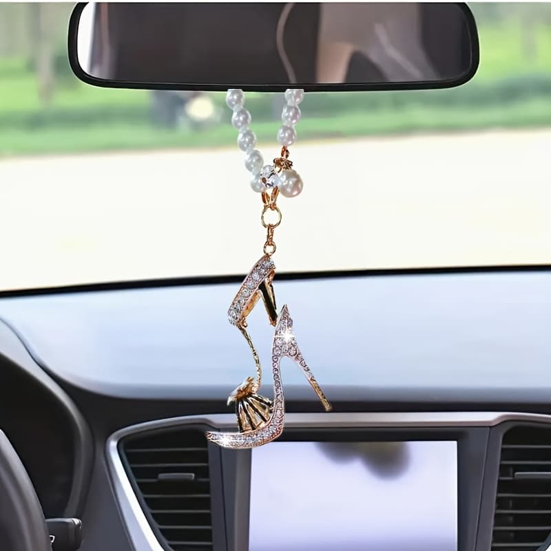 TEMU Sparkling Pink High Heel Car Hanging Ornament With Rhinestones & Pearls - Fashionable Metal Mirror Charm For Women, Stylish Vehicle Accessory, Car Decor