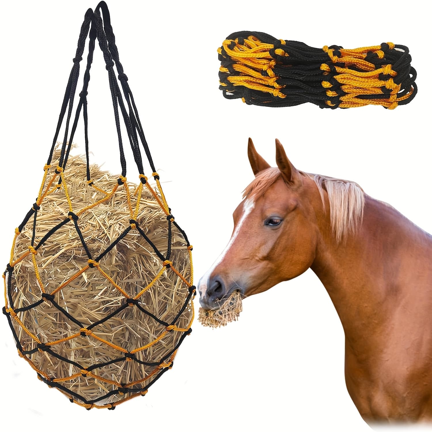 TEMU 1pc Slow Feed Hay Bag Hay Net For Horses, Goats, Sheep, Christmas Gift, Donkey 36 Inch Length, Livestock Supplies Hanging Hay Nets For Trailer And Stall ( Black+ Yellow)