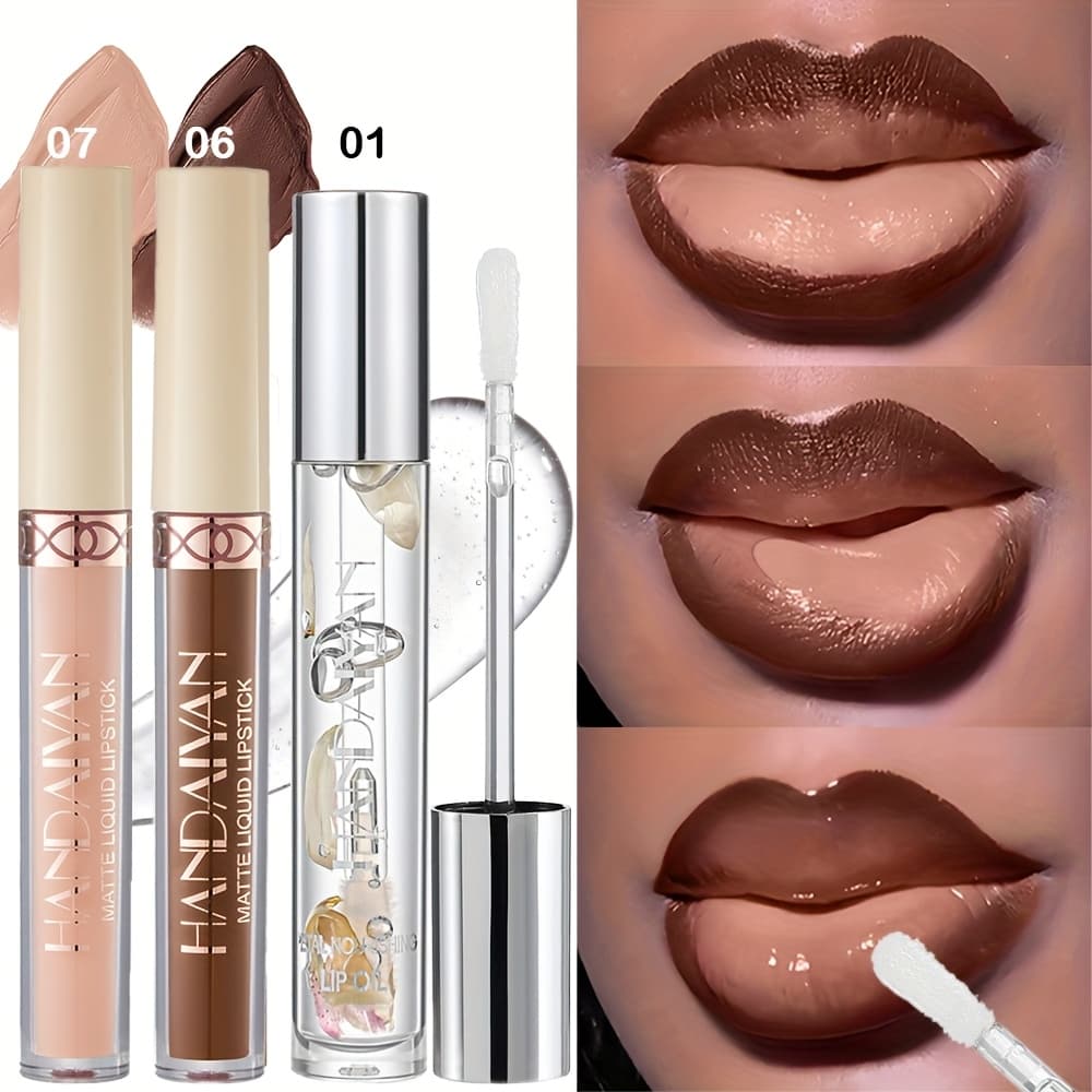 TEMU 3pcs Matte Lip Gloss And Lip Oil Set - Waterproof Long-lasting, Non-sticky Velvet End, Mixed Shades ( Matte Lip Liner And Gloss Combo) For Party, Festival, Christmas, Halloween & Daily Wear