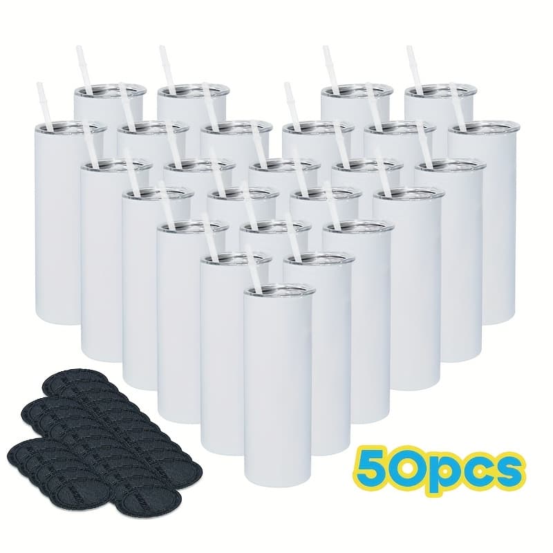 TEMU 50pcs, 20oz Sublimation Blank Insulated Skinny Tumblers With Plastic Straw & Rubber Bottom, Vacuum Stainless Steel 304 Cups With Lids, Best Gifts For Halloween And Christmas, Local Warehouse