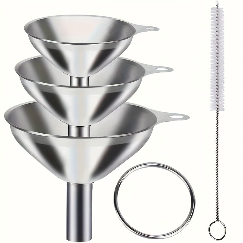 TEMU 4 Or 5pcs Pack (4/5pcs) Stainless Steel Funnels - 304 Grade Heavy-duty Funnel For Pouring Oil, Vinegar, Sauces, Liquids - Non-porous Design For & Commercial Use, Easy-clean Hygienic Funnel
