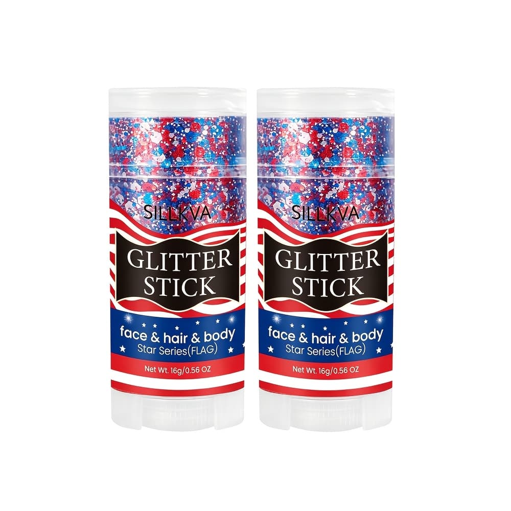 TEMU 2pcs Sillkva Red Blue Glitter Makeup Stick, American Flag Sequin Gel, Multi-use For Face Hair Body, Day Party Stage Makeup, Mild Non-irritating