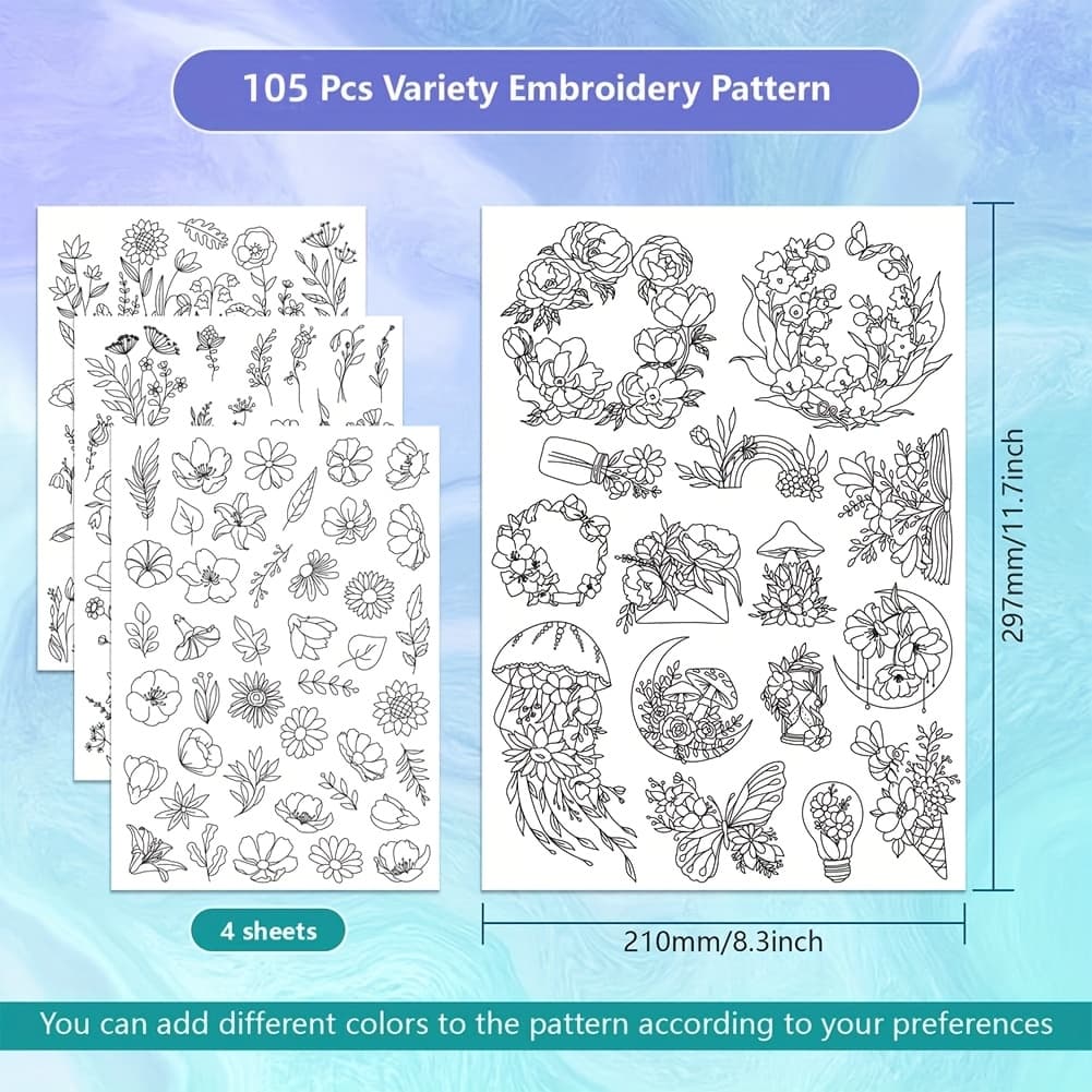 TEMU 4 Sheets 105pcs Water Soluble Embroidery Patterns - Pre-printed Floral, Flowering Shrubs And Leaves Designs - Stick And Embroidery Paper For Hand Sewing Lovers