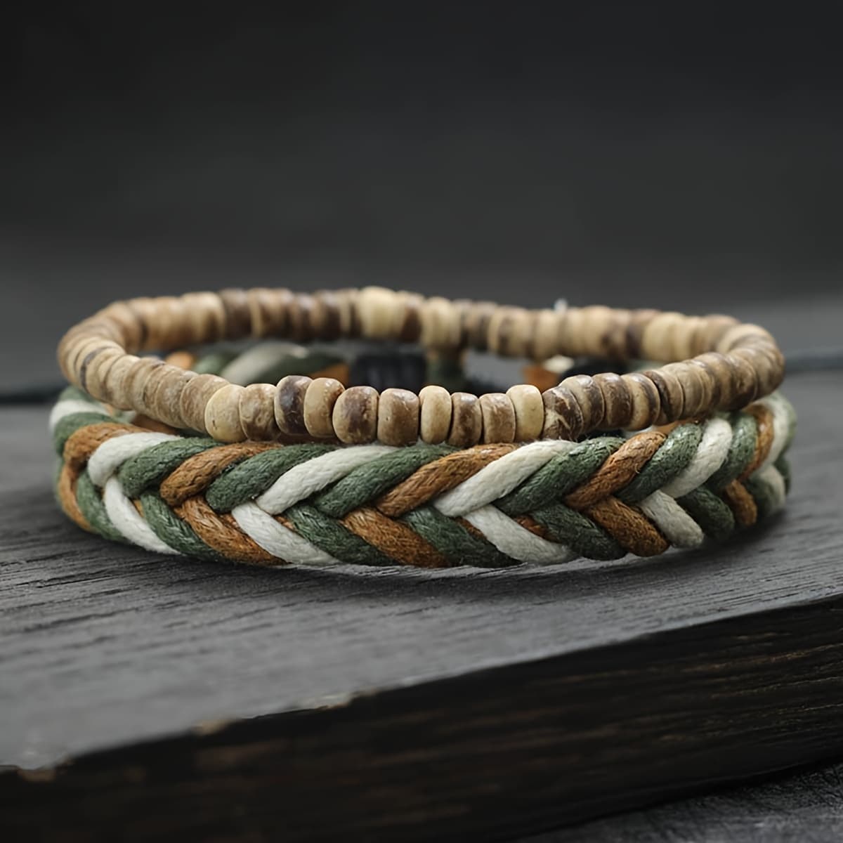 TEMU 2pcs/set Vintage Ethnic Wood Beads Stacked Woven Hand Rope Bangle Bangle Bracelet Set Men Bohemian Couple Beaded Bangle Bangle Bracelet