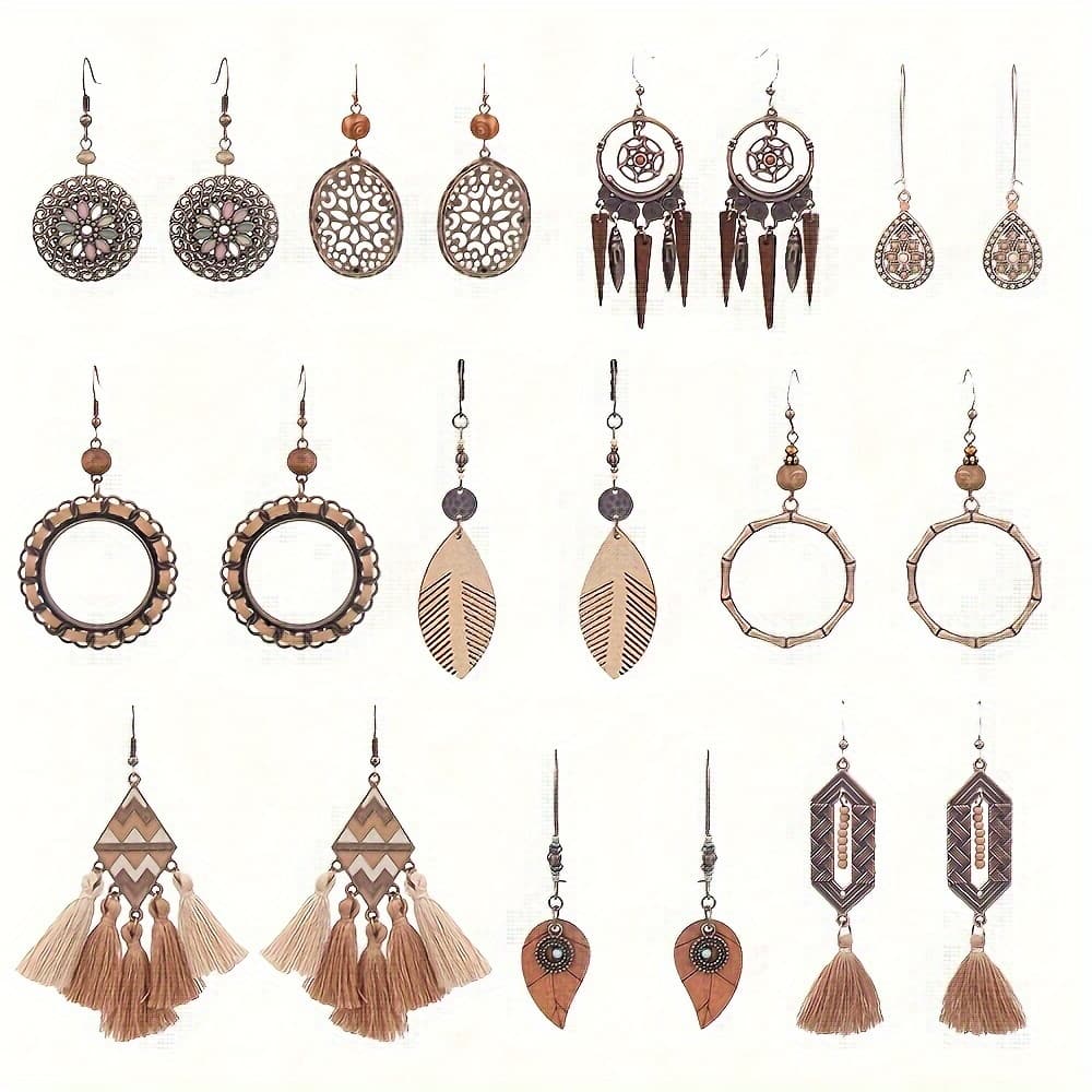 TEMU 10 Pairs Of Bohemian Earrings Vintage Pendant Earrings Bohemian Earrings Set With Ethnic Romantic Su Personality Earrings Alloy Long Bohemian Pendant Earrings For Women