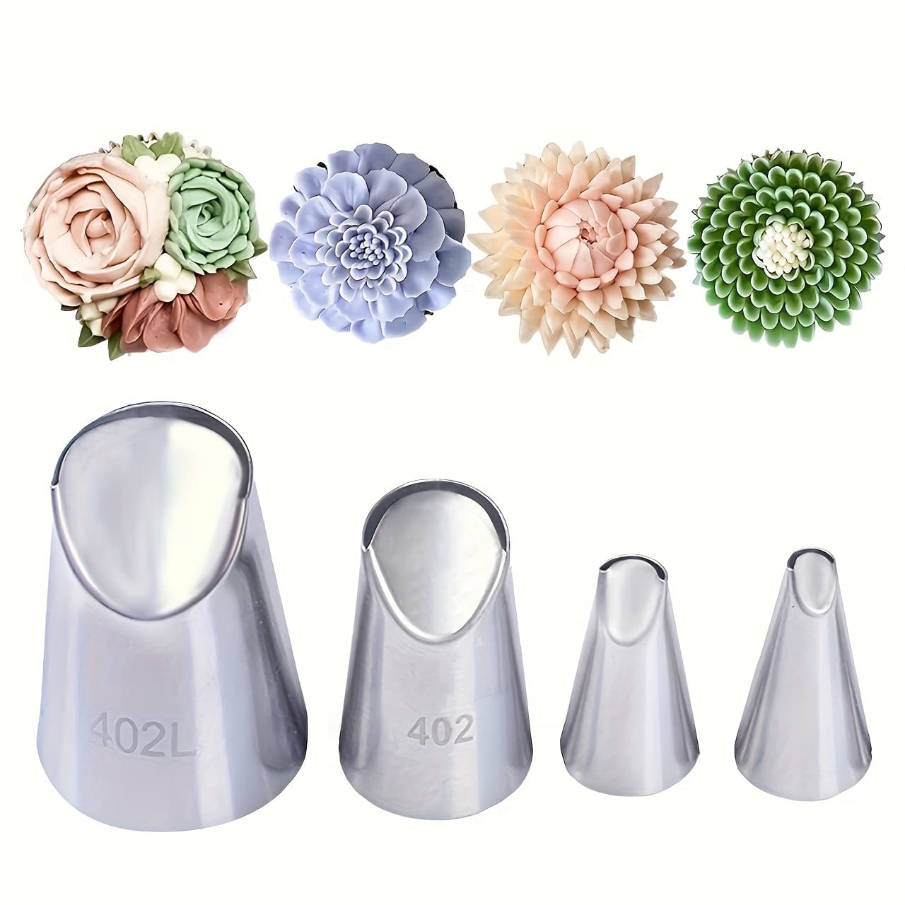 TEMU Set Of 4 Half- Shaped Chrysanthemum Piping Tips 80 81 402 402l, Cake Decorating Tools, Baking Tool Kit, Stainless Steel Cream Frosting Nozzles
