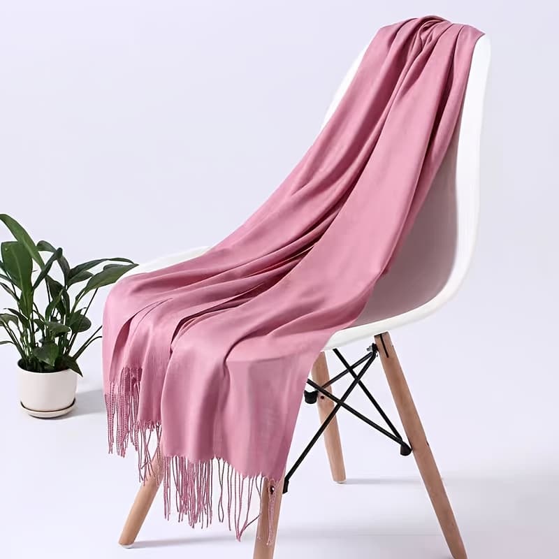 TEMU 1pc Elegant And Simple Plain Tassel Long Scarf With Warm And Versatile Thin Fabric, Suitable For Daily Wear In All , Can Be Used As A Lady'-conditioning Shawl