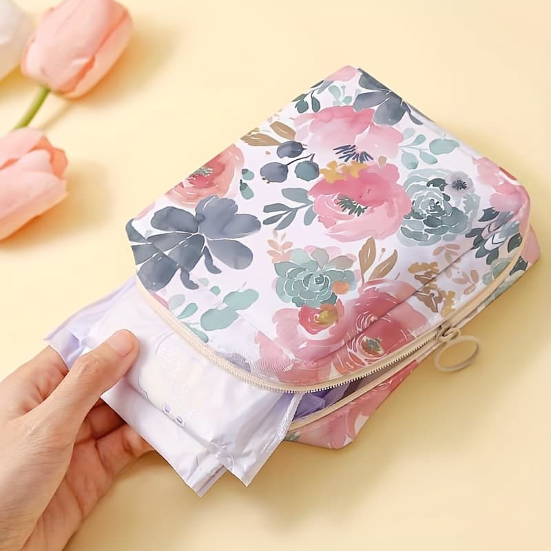 TEMU 1pc, Portable Large Capacity Sanitary Napkin Storage Bag With Ink And Wash National Flower Pattern, Candy And Miscellaneous Storage Bag, Lightweight And Multifunctional Bag
