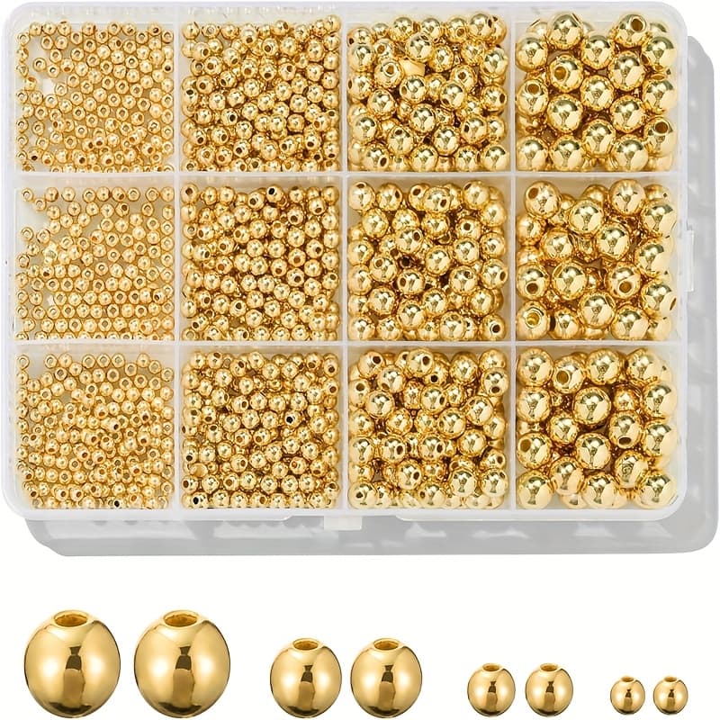 TEMU A Set Box Containing 1100pcs, Featuring Golden Round Beads In Sizes 3, 4, 6, And 8mm, Suitable For Bracelet Spacer Beads And For