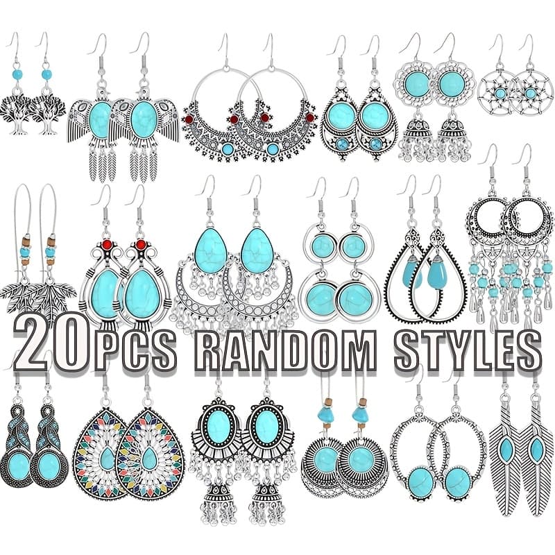 TEMU Random 20pcs Set Of Vintage Bohemian Turquoise Drop Earrings, Featuring Floral Heart-shaped Teardrop Designs. Suitable For Ladies' Everyday Wear, Holiday Parties, And Festive Gifts