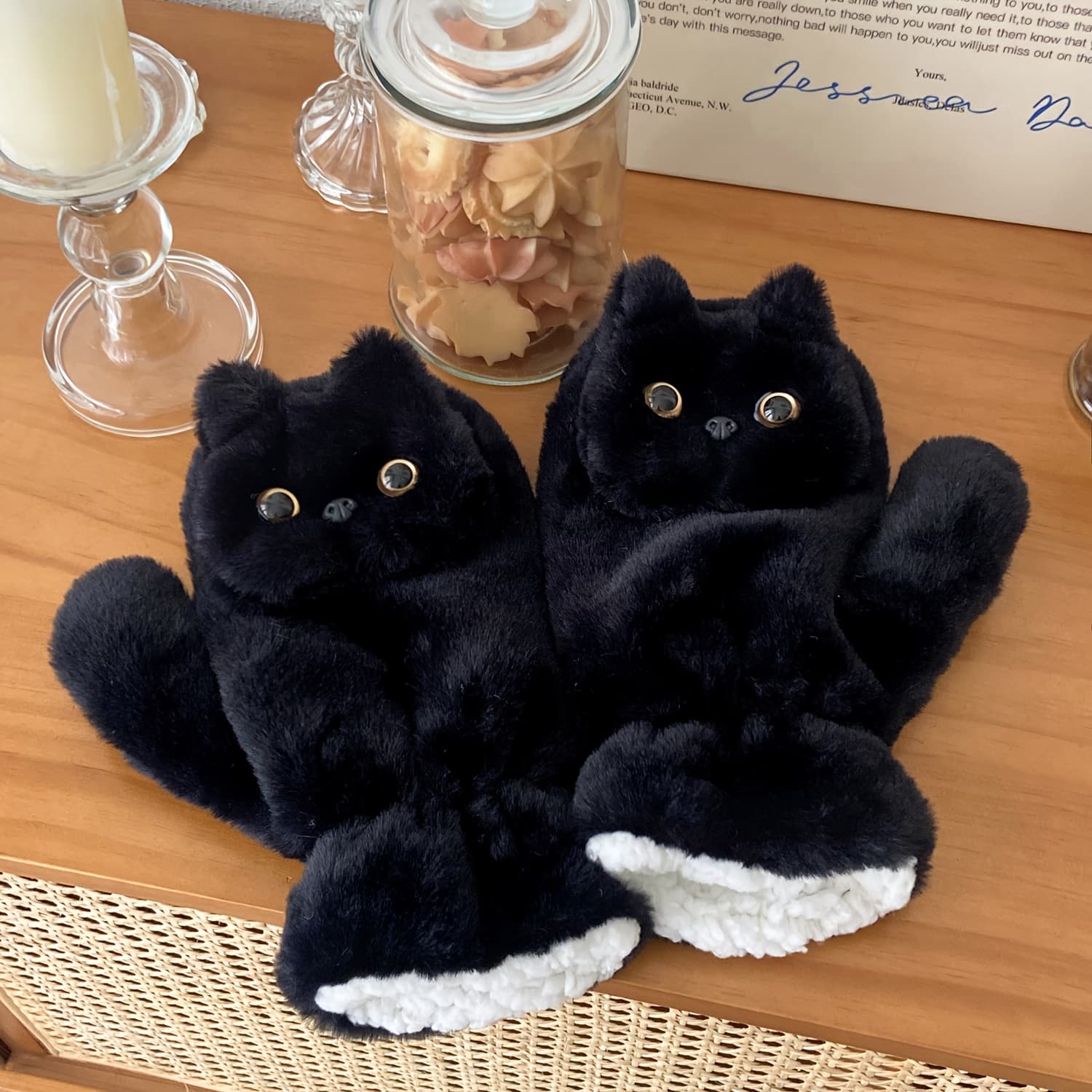 TEMU Black Cat Plush Gloves, Winter , Cute, Thickened Double-layer Windproof Cat Neck-hanging Gloves For Cycling