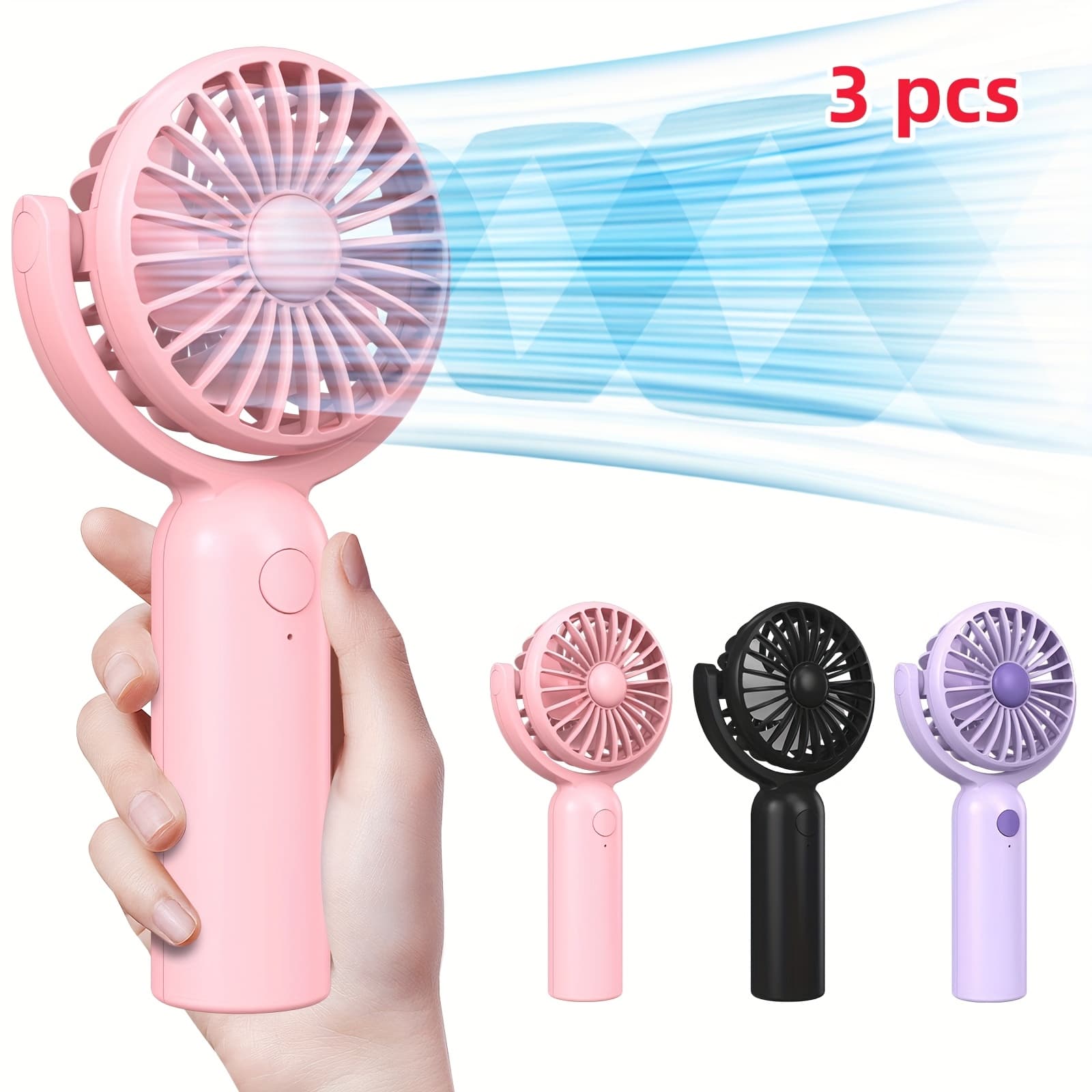 TEMU Set Of 3 Compact Handheld Fans Featuring 3 Speed Settings, Ideal For Travel. Rechargeable Fans Offer Long-lasting Use, Adjusted To A 180° Angle