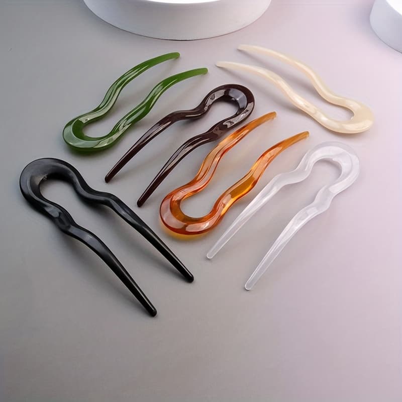 TEMU 6pcs Acrylic U-shaped Hairpins - Sleek In Assorted Colors (clear, Amber, Tortoiseshell, Black, White, Green) - &, For Her | Ushaped Accessory | Colors