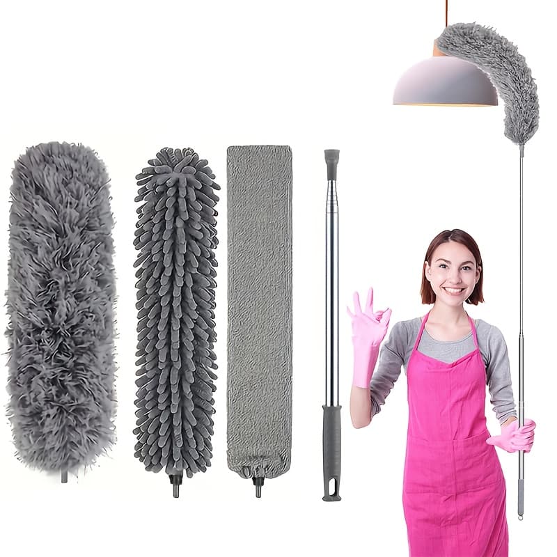 TEMU 4pcs Retractable Duster With Artificial Feathers, 2.8m Telescopic Pole, Electrostatic Dust Brush, Suitable For Living Room Ceiling And Roof Cleaning, No Batteries Required