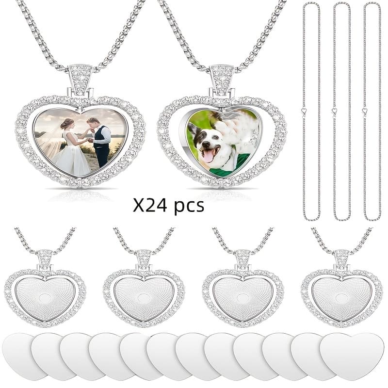 TEMU 24pcs Sublimation Trays Pendant Set, Including 6 Heart Shape Double Sided Blank Bezel Trays, 6pcs Thick Chains With 12 Sublimation Discs For Making (silvery)