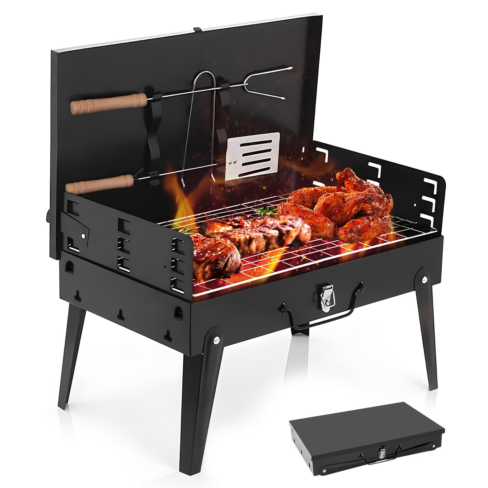 TEMU Portable Charcoal Grill With Hood - Compact Folding Grill For Outdoor Picnics And Backyard Cooking, Accessories Included.