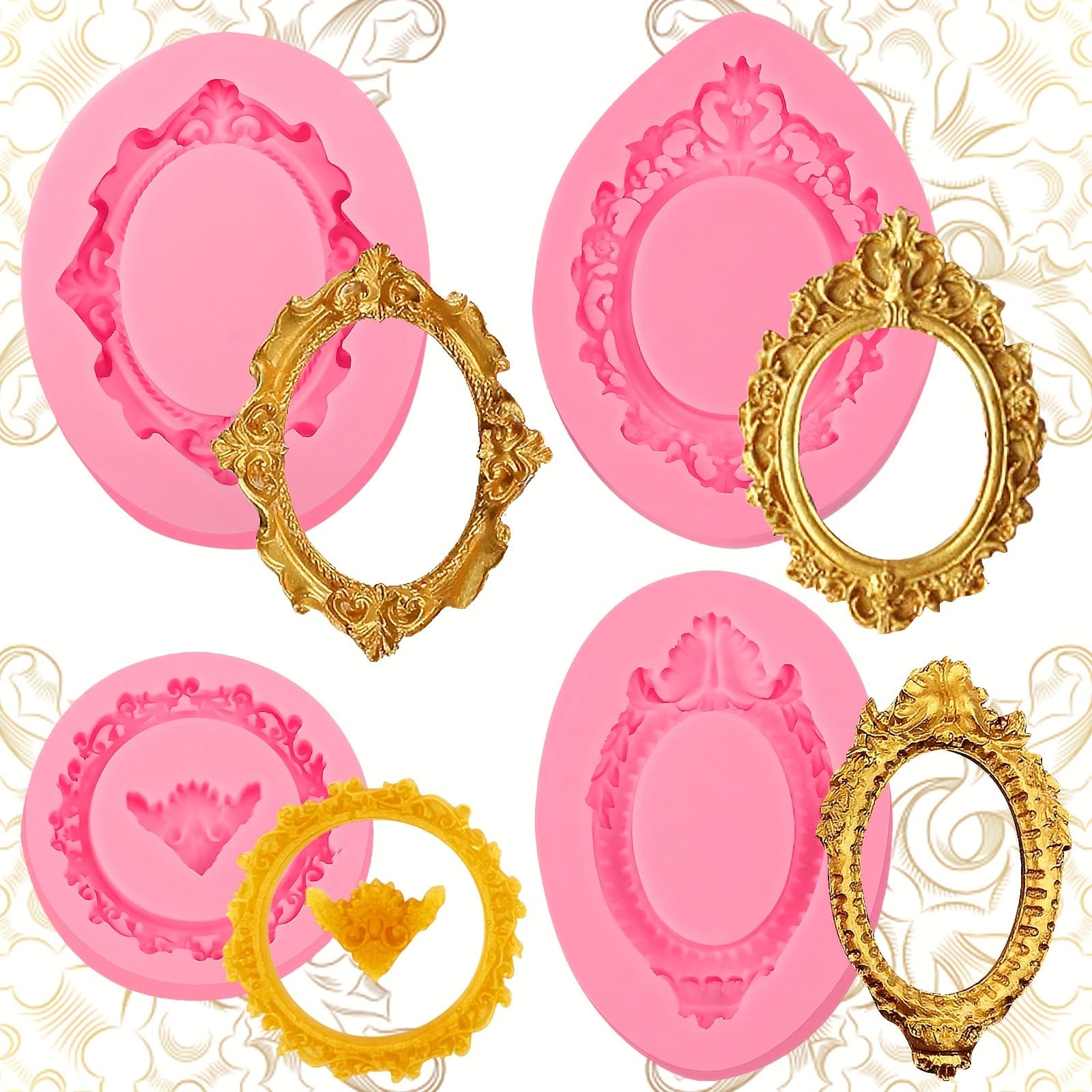 TEMU 4pcs Baroque Mirror Frame Silicone Mold Love Heart Scroll Relief Cake Decoration Fondant Molds, For Cupcake Toppers Chocolate Paste Butter Marzipan Polymer Clay