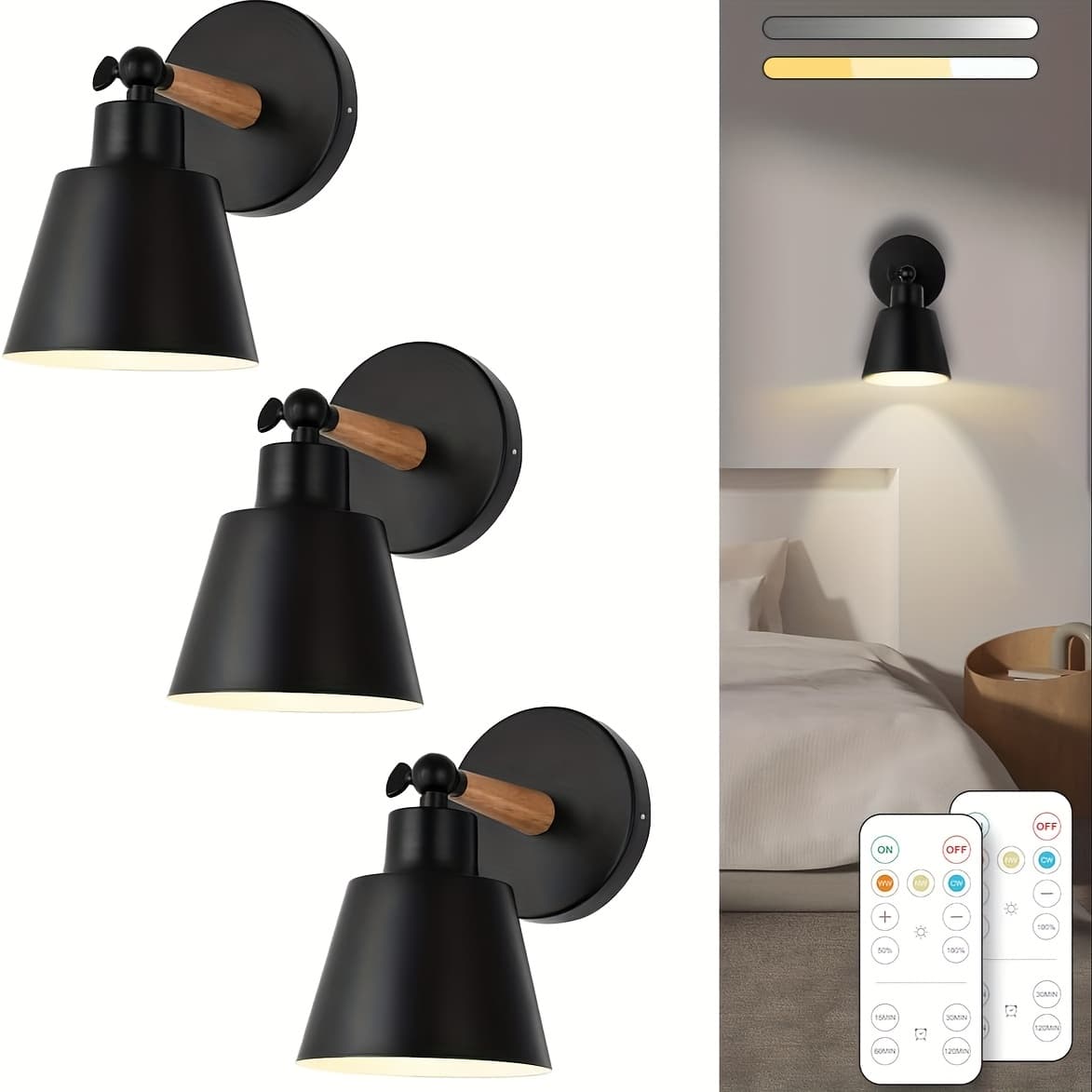 TEMU Set Of 2 Modern Battery- Wireless Remote Control Wall Sconces With Dimmable Led Lights & Auto Timer Suitable For Bedroom, Living Room, Hallway - Plug-and-play, , Battery Operated Lamp For Drywall