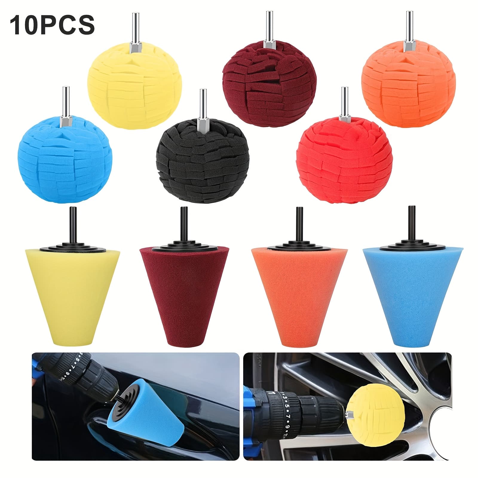 TEMU 10pcs Polishing Cone, Car Wheel Drill Bit, Polishing Sponge Set, Polishing Ball, Car Buffer And Polisher Set, Suitable For Automotive Car Wheels Care, Metal, Plastic, Ceramic, Glass