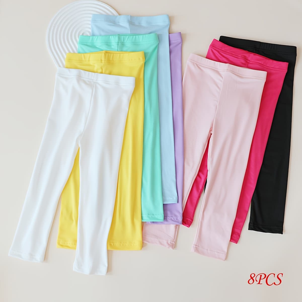 TEMU 8-pack Girls' Stretchy Polyester-spandex 3/4 Leggings - Candy-colored Solid Tights For Wear, Hand Wash Only, Knit Fabric For Casual & , Comfortable Knitwear