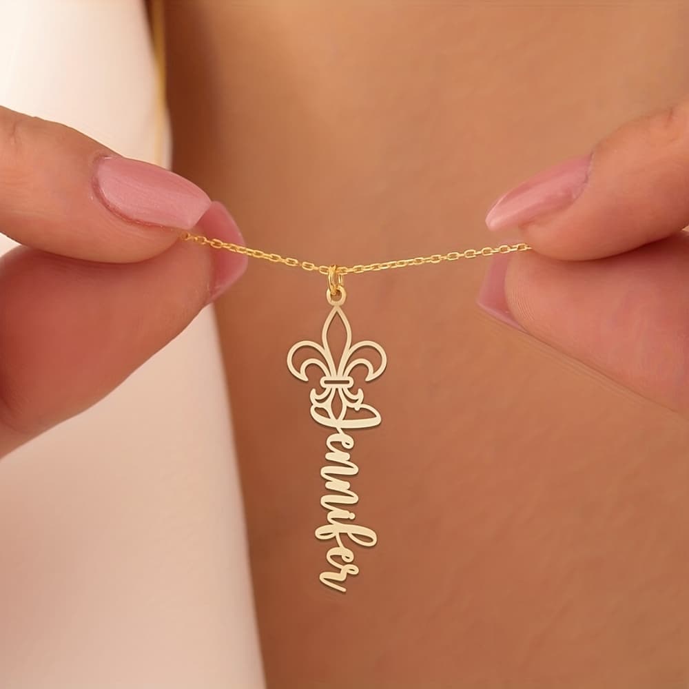 TEMU Custom Name Fleur Necklace, Lily Flower Name Necklace, Minimalist Iris Necklace, Stainless Steel Nameplate Jewelry, Gift, Gift For Her, Valentine's Day Gift