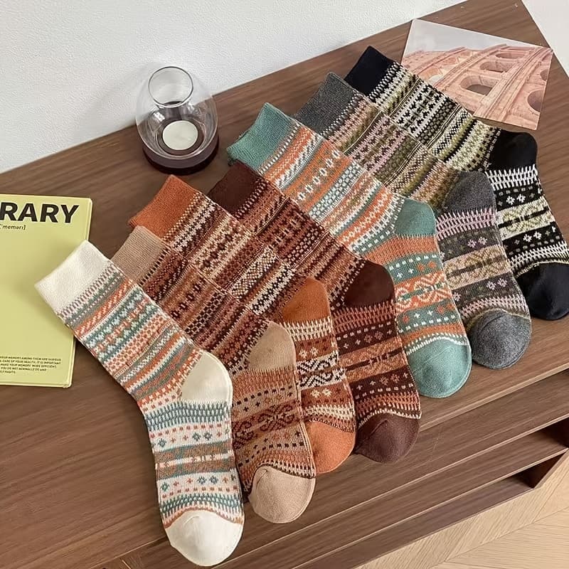 TEMU 7-pair Vintage Ethnic Style Mid-calf Socks For Women, Double-needle High-stretch Versatile Slouch Socks, Socks For Outer Wear