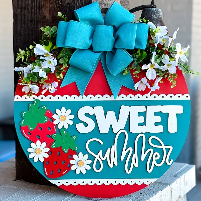 TEMU Sign 3d Door Hanger - 11.8" Solid Wood Design With Strawberries, Bows And Green Leaves, Farmhouse Style Seasonal Front Porch Decor For Front Door Or Home