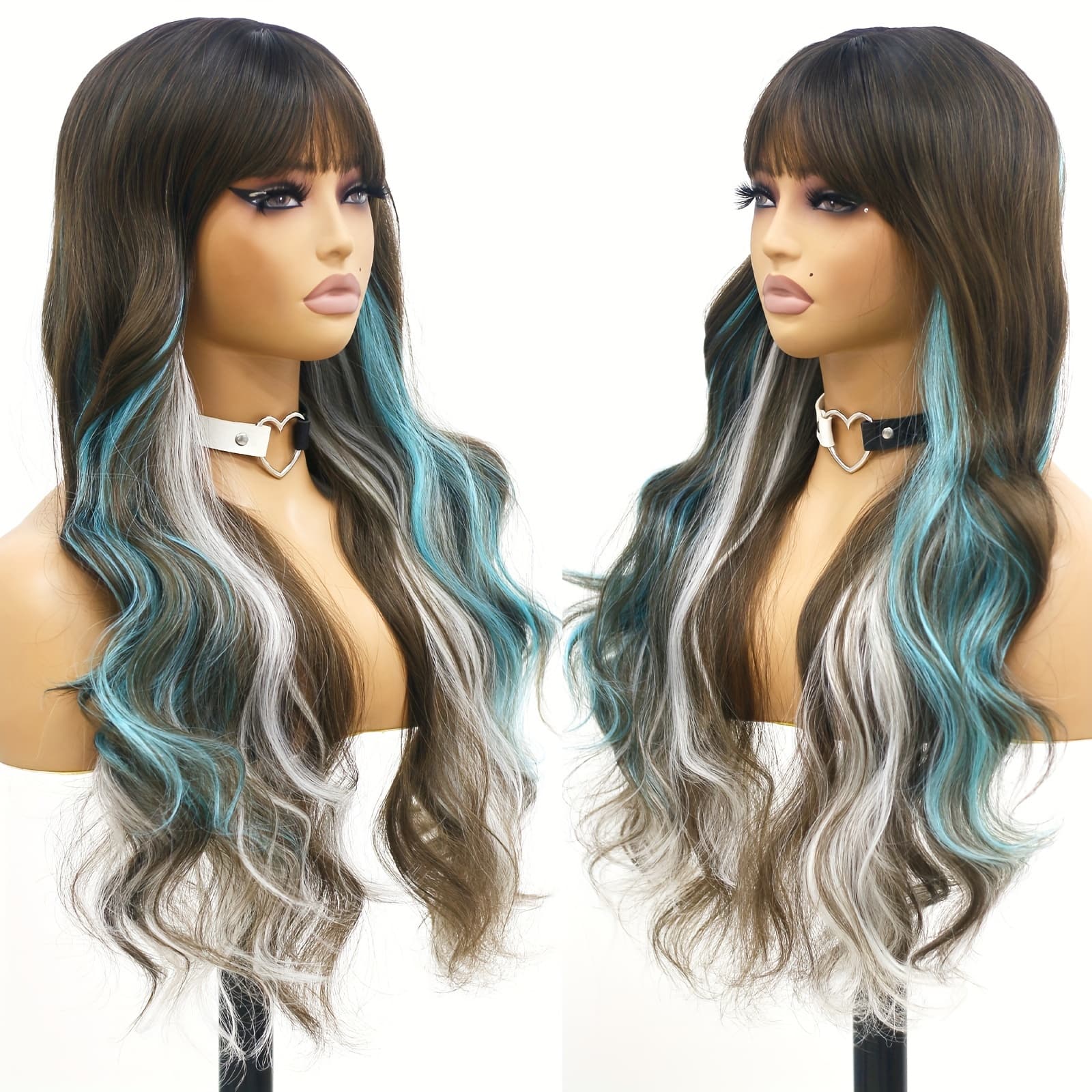 TEMU 26 Inch Long Wavy Ombre Highlight Blue To Brown Colorful Wigs With Bangs For Women Long Curly Heat Resistant Fiber Mixed White Wigs For Halloween Daily Use Party Cosplay