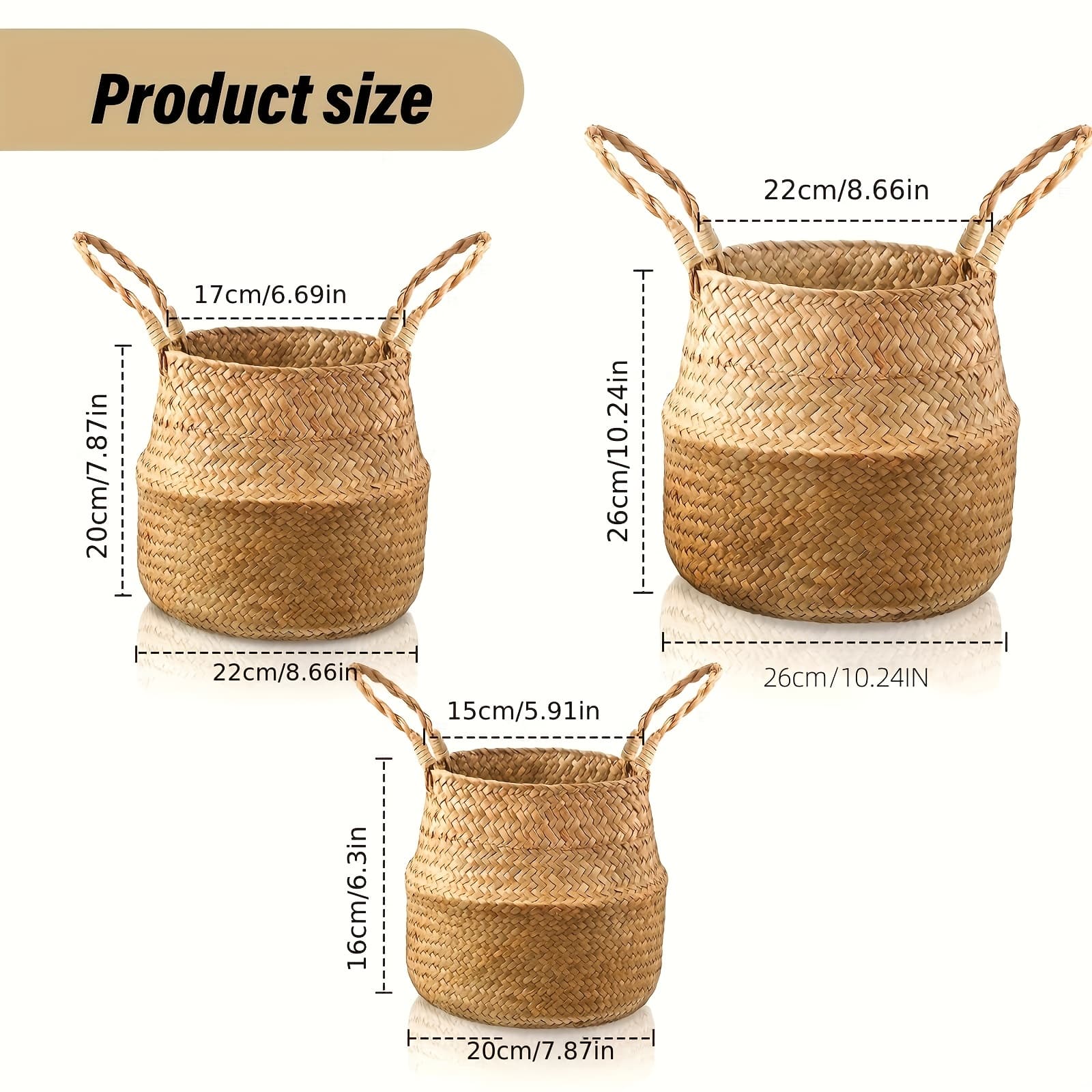 TEMU 3pcs Storage Set - Pure Handcrafted Basket Woven Flowerpot - Shelf With Handle Suitable For Picnics, Groceries, Laundry (), Shelf Baskets