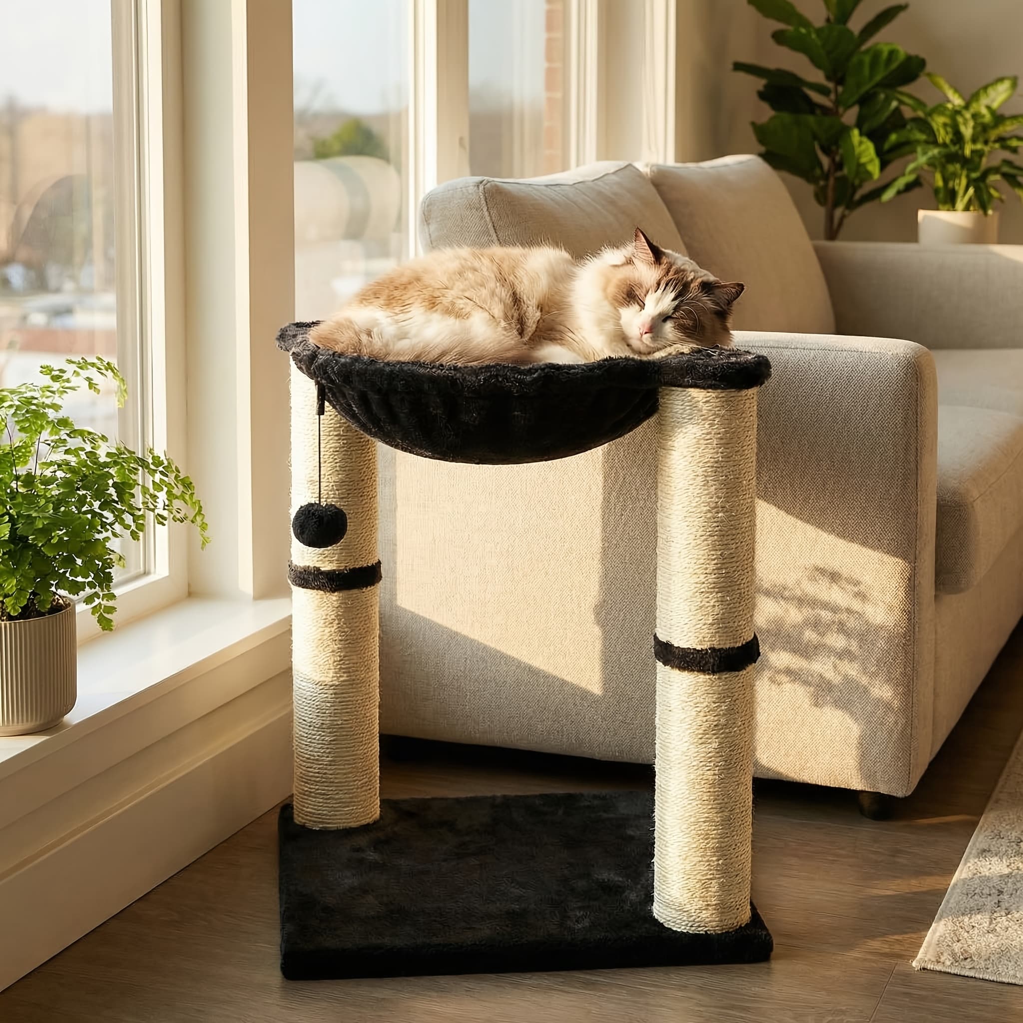 TEMU Cat Condo Tower With Hammock Bed And Scratching Post, Easy To Assemble, Plush Hammock, Interactive Hanging Ball, Durable Sisal Scratch Posts For Indoor Cats