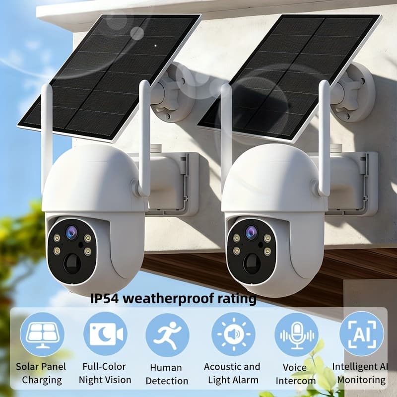 TEMU Set Of 2 Security Cameras With Solar Energy, Artificial Intelligence Detection, Sound And Light Alerts, App-controlled Pan/tilt Features, Color Night Vision, Wi-fi , 2k Hd , Audio, Storage