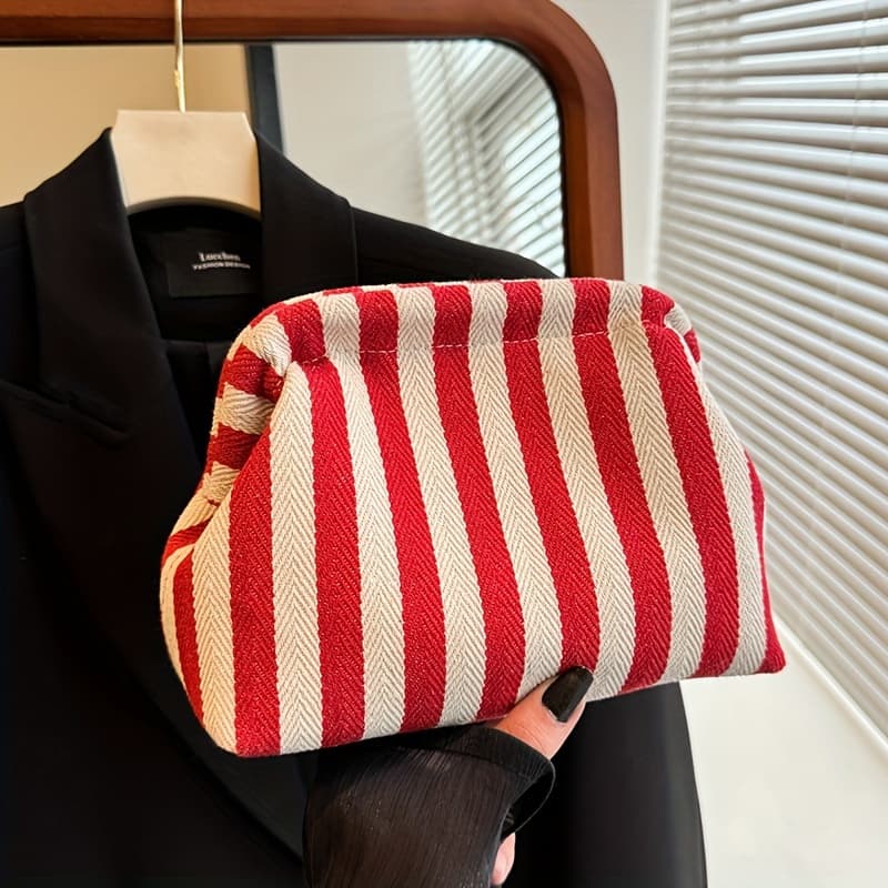 TEMU 2025 New Knitted Stripe Cloud Bag Handheld Bag With Large Capacity And Versatile Daily Color Contrast Clip Bag