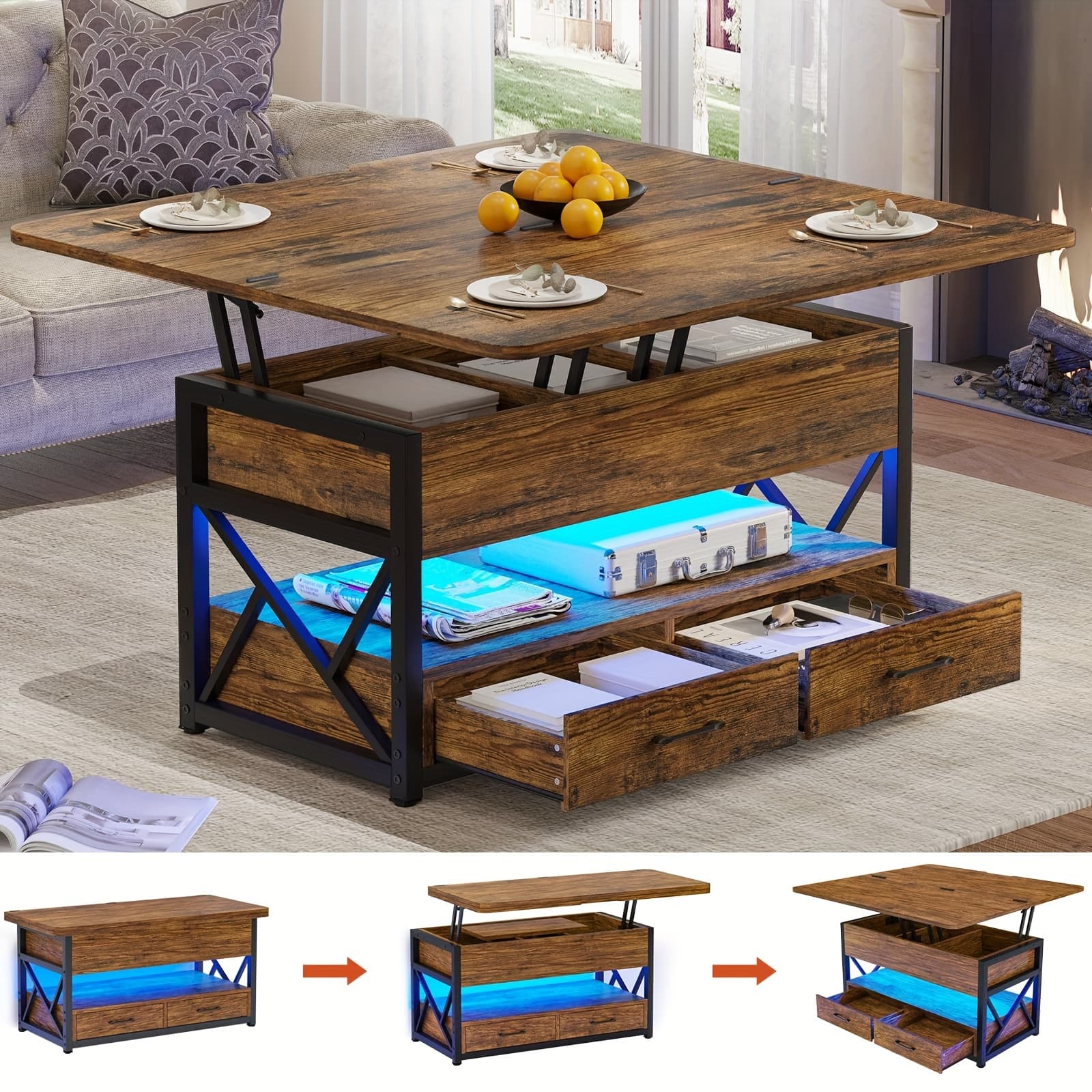 TEMU 39.4" Lift Top Coffee Table With 2 Drawers And Led Light For Dining Reception Room, Small Farmhouse Coffee Table