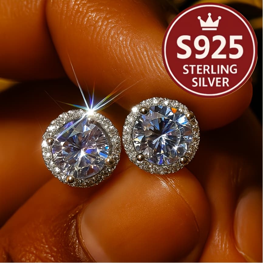 TEMU S925 Sterling Silver Moissanite Stud Earrings - Round Unisex Minimalist Accessories, Premium Gift For Women And Men