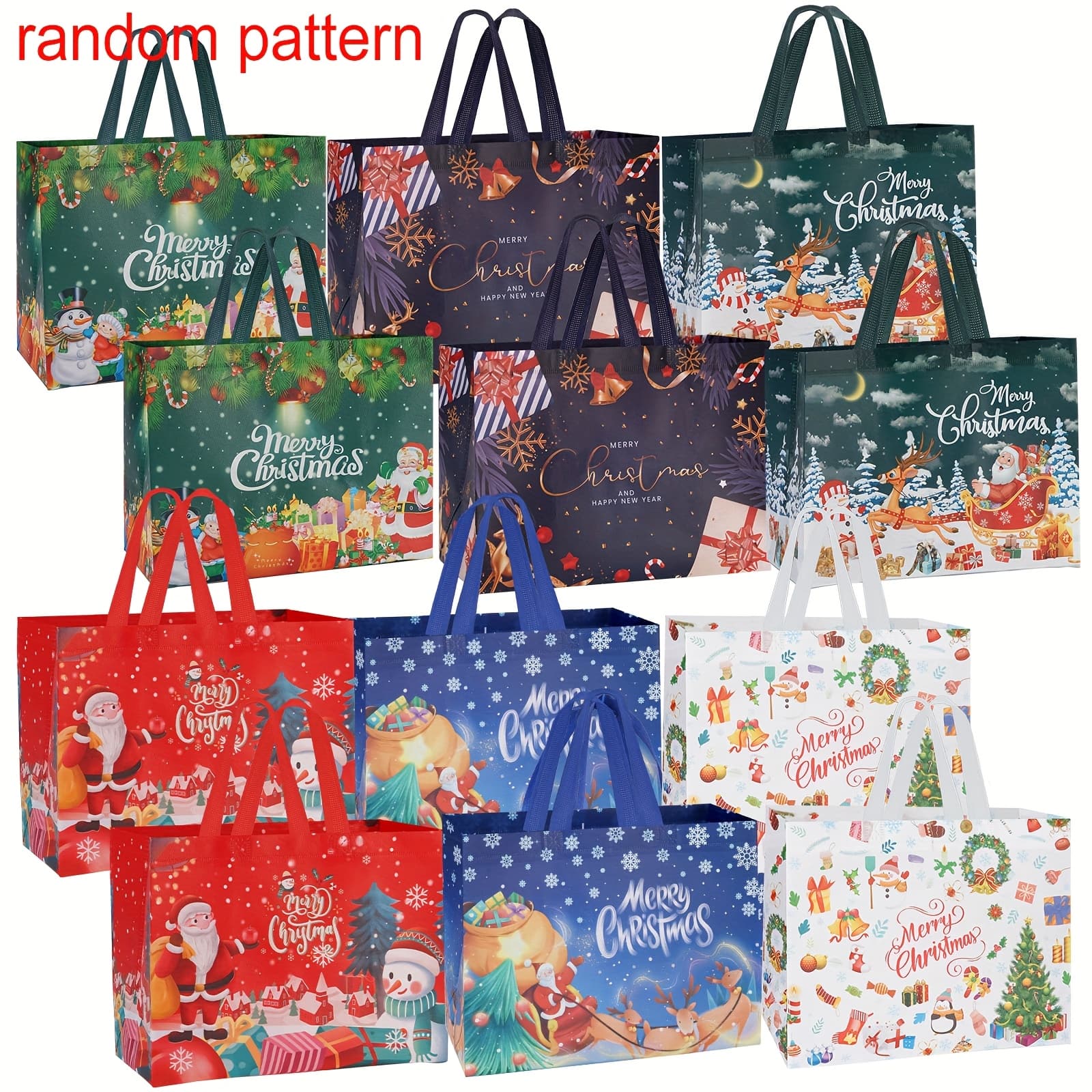 TEMU Random Pattern 12pcs Extra Large Christmas Gift Bags With Reinforced Handles, Reusable Non-woven, Foldable, Bags For Birthday And Christmas Party Supplies, Multifunctional 12.8x9.8x6.7 Inches