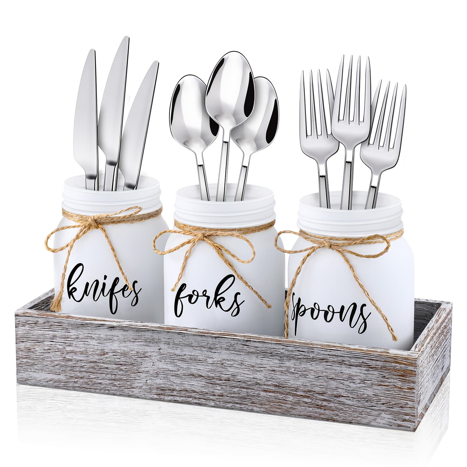 TEMU 4pcs Mason Jar Utensil Holder For Kitchen Countertop White Utensil Organizer With Wood Tray Farmhouse Rustic Kitchen Silverware Caddy Glass Cooking Decor For Party Cutlery Storage