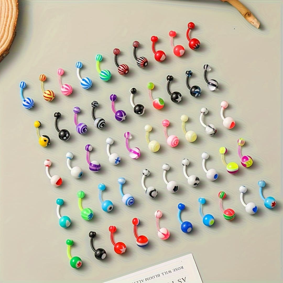 TEMU 50pcs Vibrant Acrylic Belly Button Ring Set - Sexy, Colorful Uv Rod Navel Piercing Jewelry For Parties & Summer Fun