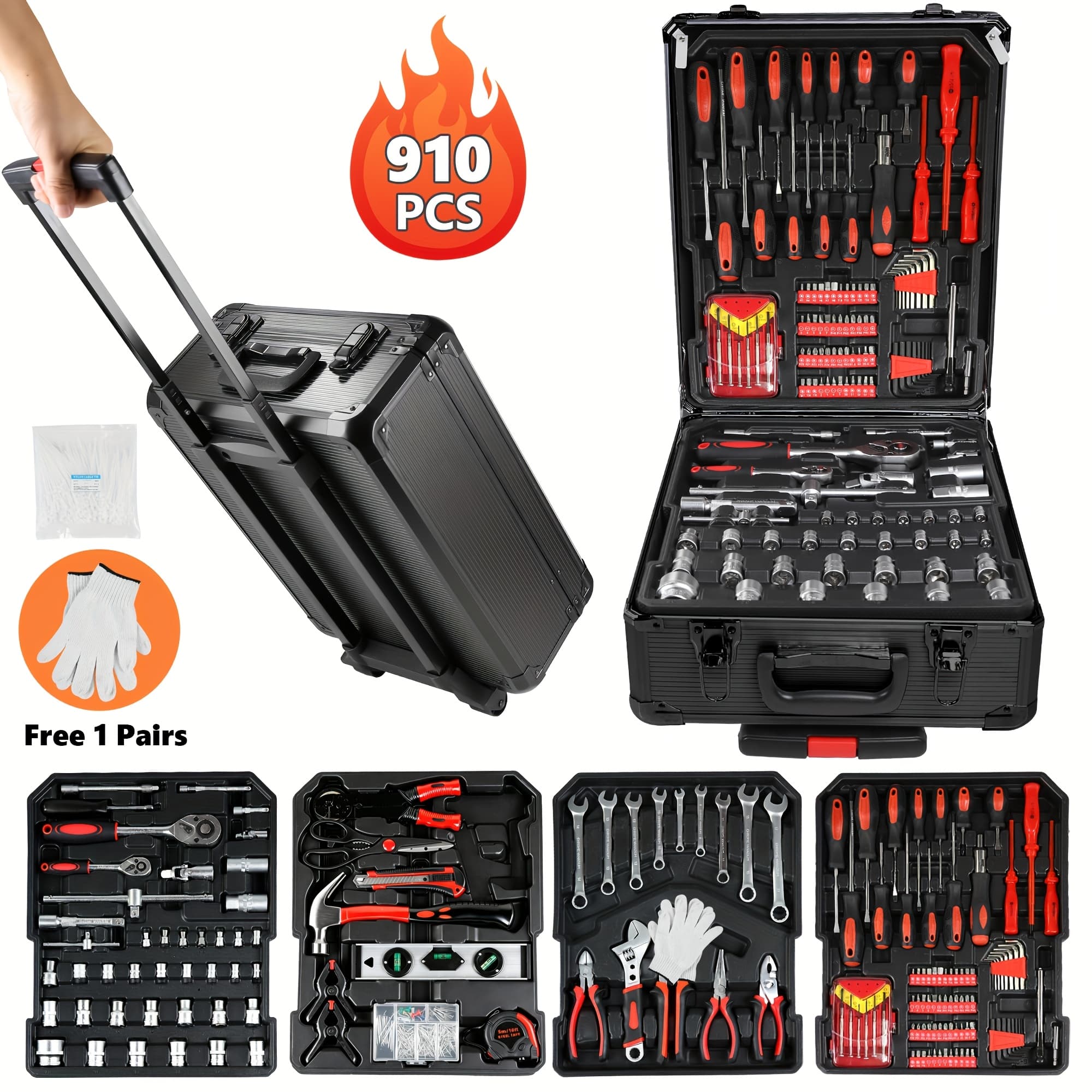 TEMU 910pcs Aluminum Trolley Case Tool Set With Wheels, Four-layer Tool Kit With Rolling Tool Box, Portable Toolbox Storage Case With Drawer For Repair Gift On Father's Day Valentine's Day Gifts