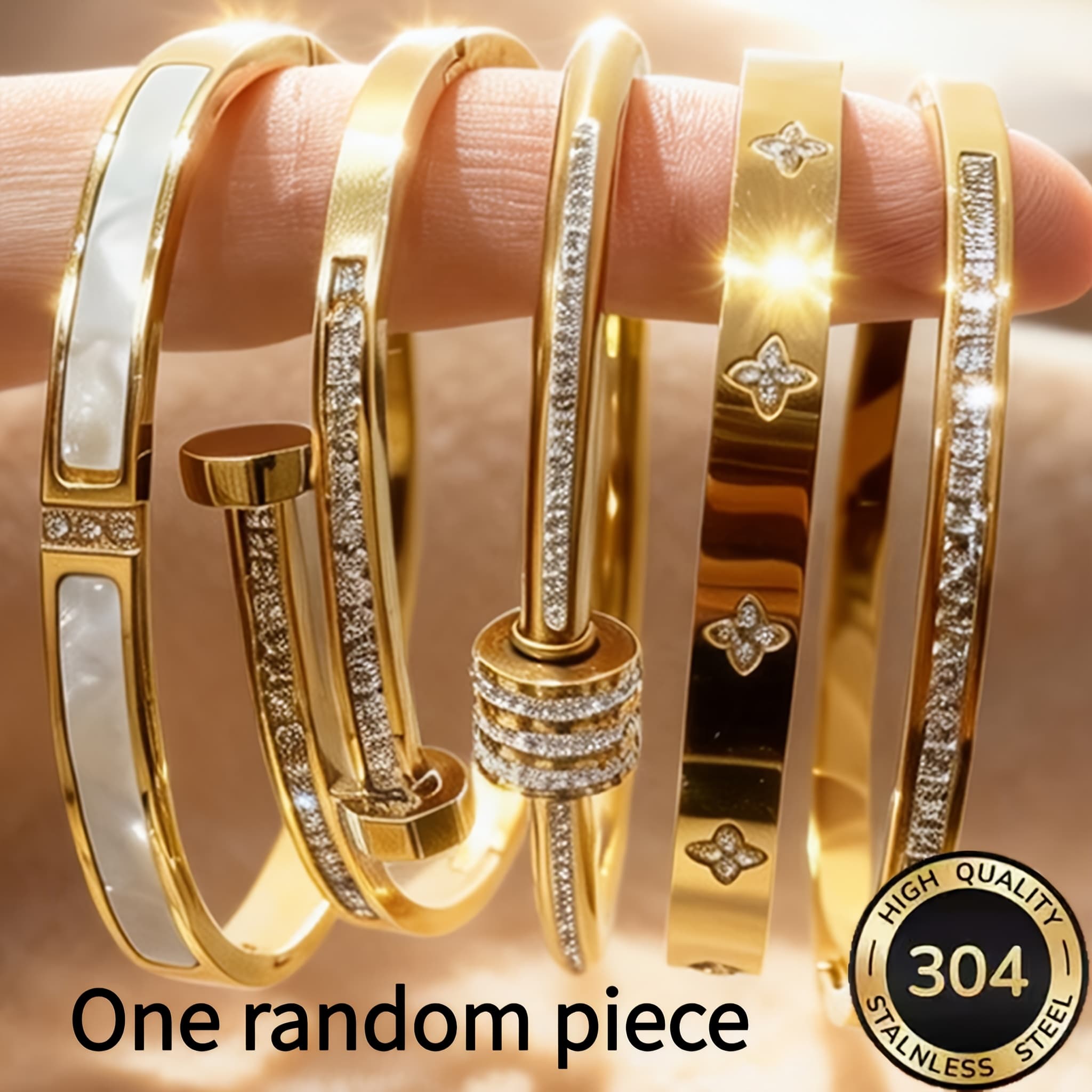 TEMU Elegant 18k Gold Plated Stackable Bangle For Women, Random Style Synthetic Zirconia Inlay , Fade Resistant & Hypoallergenic, Suitable For Daily Party Wear, Perfect Gift For Valentine's Day &