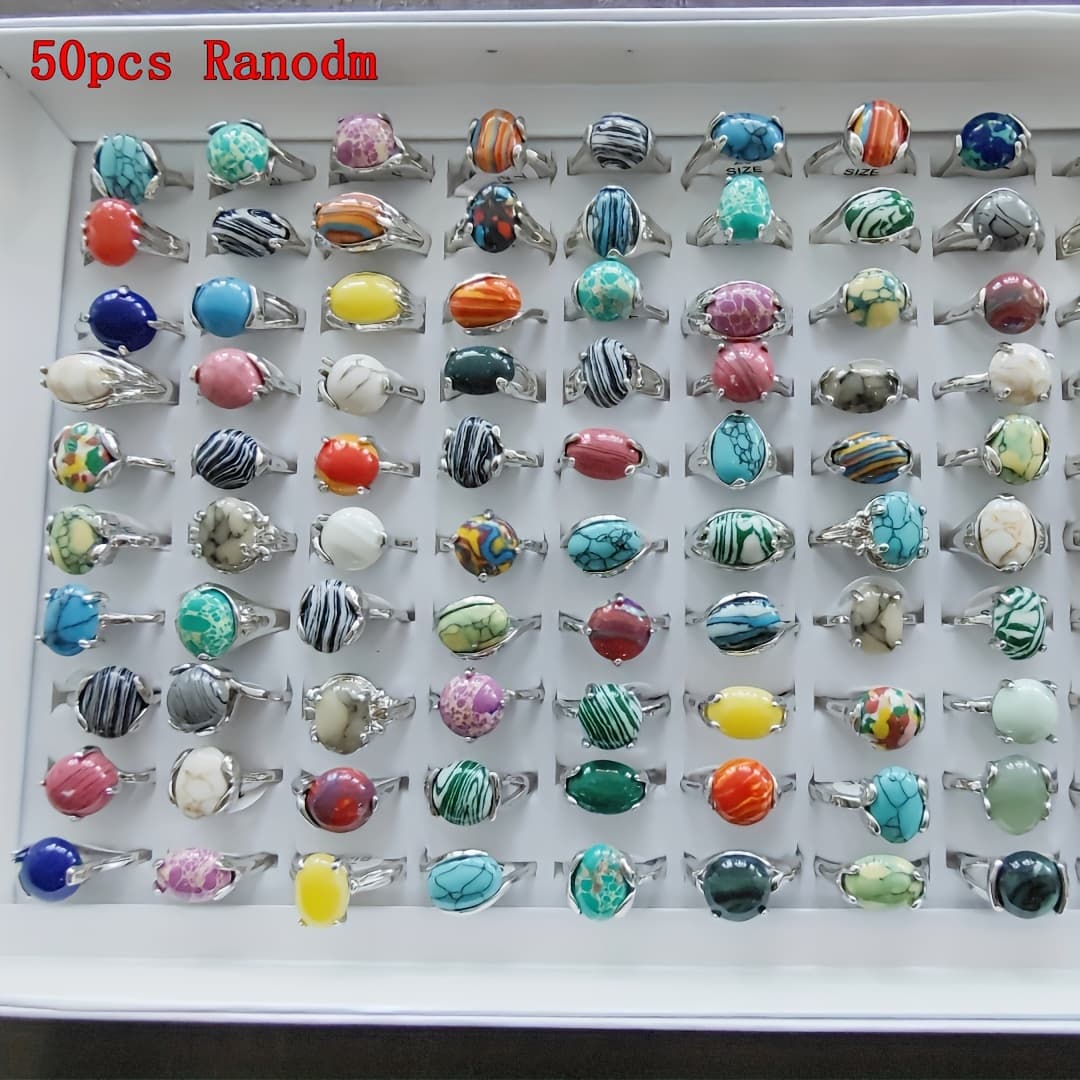 TEMU 50pcs Wholesale Mixed Colorful Natural Malachite Stone Rings Women Men Gifts Fashion Jewelry Stacking Ring Vintage Boho Hippie Jewelry Finger Ring