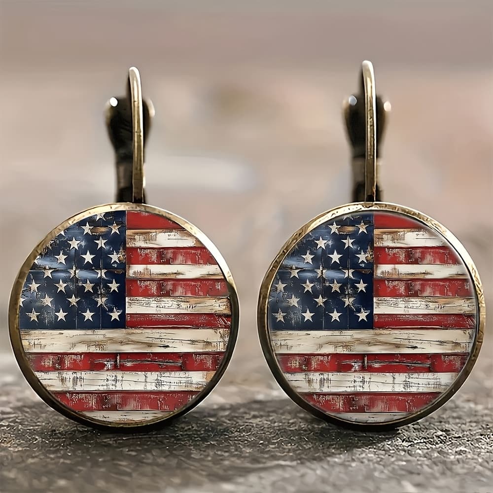 TEMU Vintage American Flag Earrings Suitable For Plated Retro Studs, Casual Attire & Gift Jewelry - Versatile Accessories With , Affordable Luxury For Daily Outfits And Special Occasions